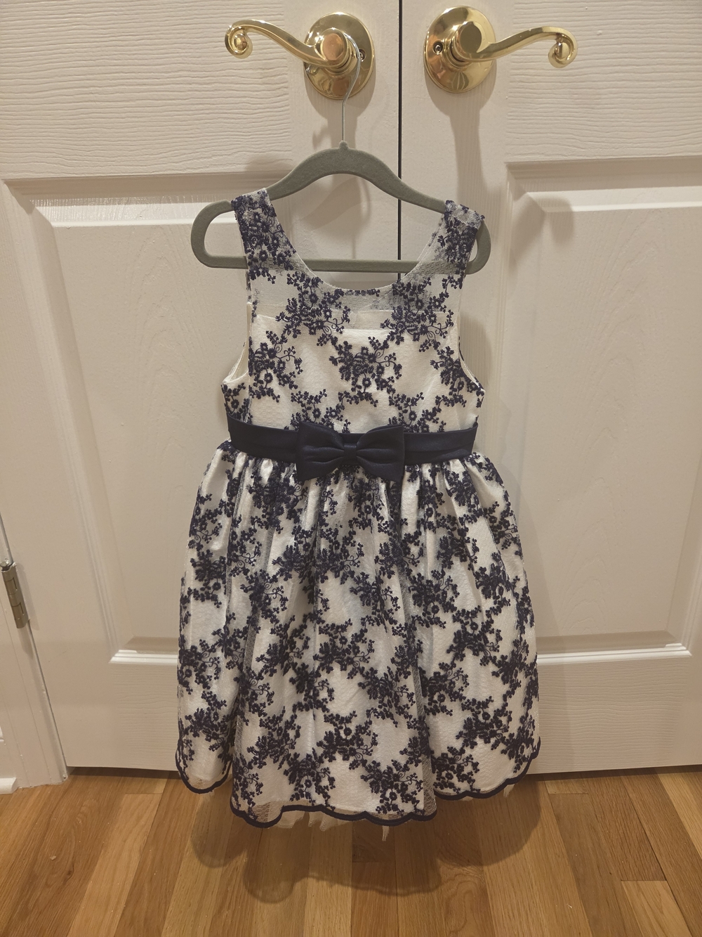 American Princess Navy Floral Lace Over White Satin Dress with Bow